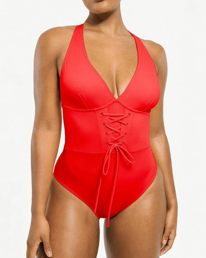 Deep V Neck Tie Front Shapewear Bodysuit