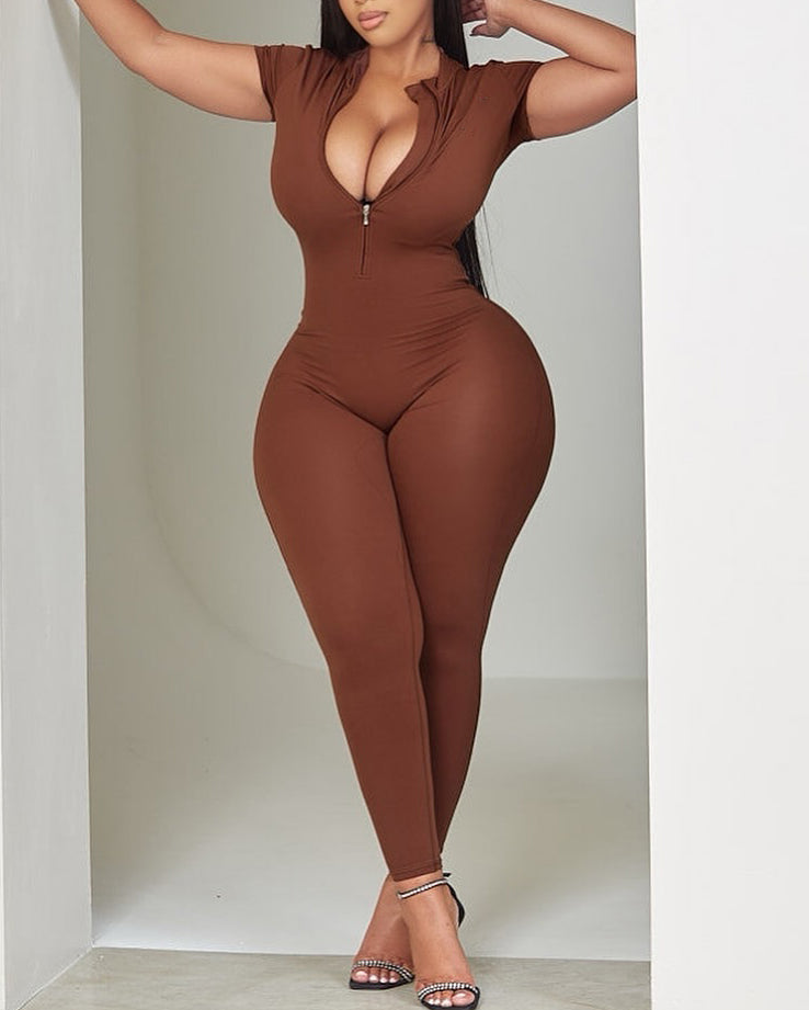 Short-Sleeved Front Zip Bodycon Jumpsuit