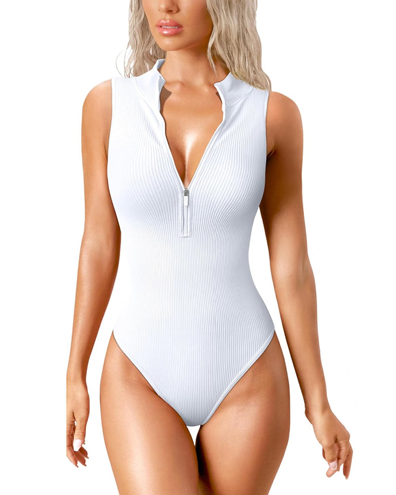 Sexy Ribbed Stretch Sleeveless Front Zipper Bodusuits