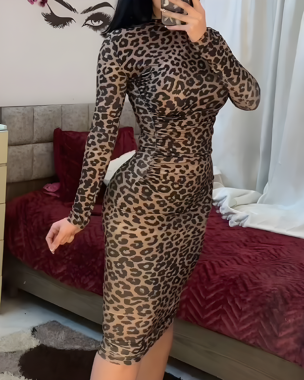 Leopard Print Long Sleeve Midi Bodycon Dress