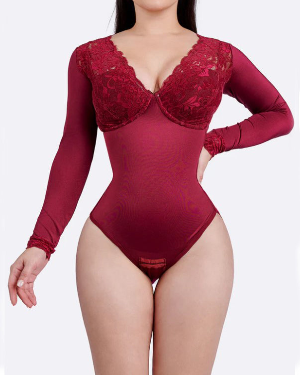 Lace Body Control Long Sleeve Thong Bodysuit