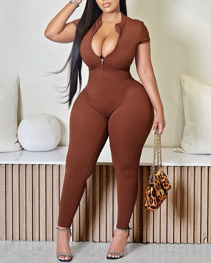 Short-Sleeved Front Zip Bodycon Jumpsuit