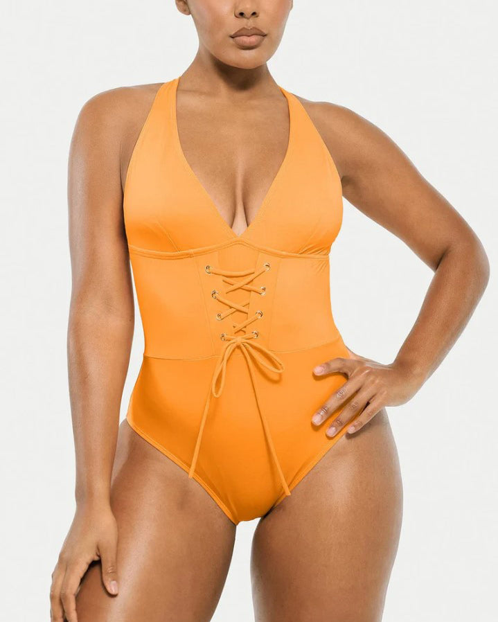 Deep V Neck Tie Front Shapewear Bodysuit