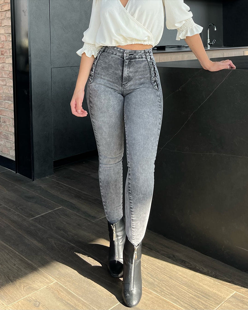Women Fashion Design Braided Skinny Jeans